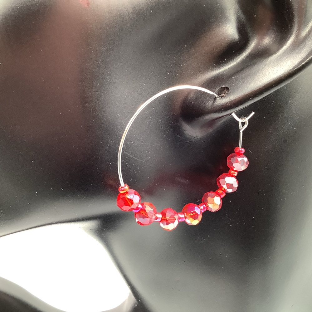 NEW Earrings Hoop Boho Beaded Rondelle Faceted Red AB Colors Silver Tone
